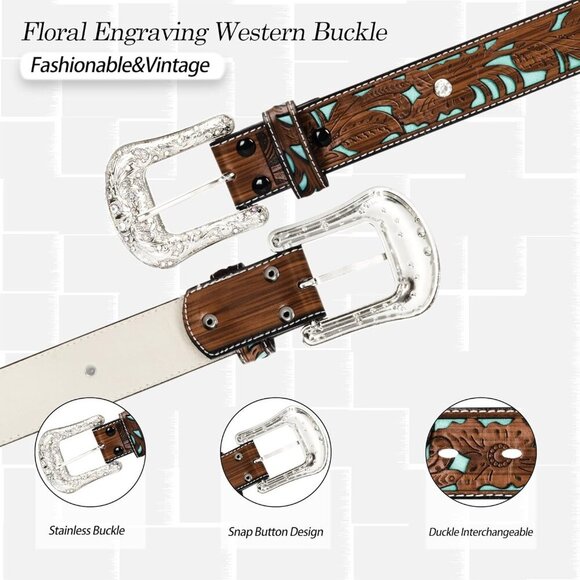 Adjustable-Vintage-Western-Cowboy-Belt Women Men - Cowboy-Style Engraved-Buckle - Picture 9 of 11